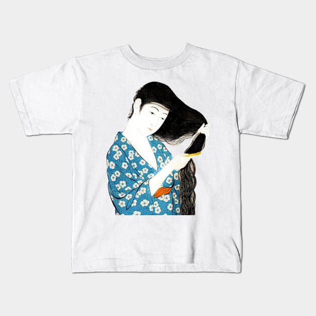 Japanese beauty Geisha in Kimono styling her hair - Japanese art Kids T-Shirt by geekmethat